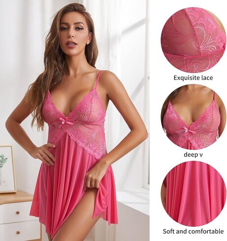 ملابس داخلية ADSEXY للنساء مثيرة من الدانتيل بيبي دول صغير شفاف مزين بالزهور ورقبة على شكل حرف V قميص شفاف من خلال ثوب النوم إهمال غير مطيع in Kuwait