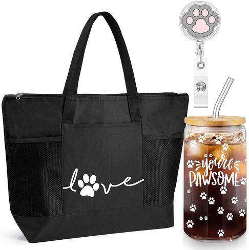 24 Pcs Veterinary Technician Week Gift 16 oz Glass Cup Tote Bag Paw Badge Reel Thank You Gift for Vet Tech Nurse Assistant (Neutral Colors) in Saudi Arabia
