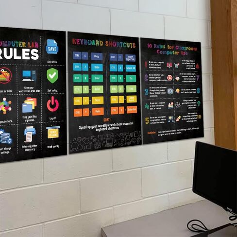 Pack 3 10 Rules for classroom Computer Science Classroom Poster 16x24, Stem Technology Education Chart, Keyboard Coding Computer Lab Wall Art For Kids Class, Digital Keyboarding Posters in Saudi Arabia
