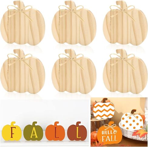 Whaline 6Pcs Fall Pumpkin Wooden Sign Cutouts with Raffia Unfinished Pumpkin Shaped Table Wooden Signs for Autumn Thanksgiving Halloween Tiered Tray Home Decor DIY Crafts in Saudi Arabia