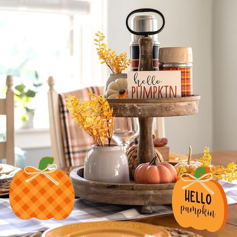 Whaline 6Pcs Fall Pumpkin Wooden Sign Cutouts with Raffia Unfinished Pumpkin Shaped Table Wooden Signs for Autumn Thanksgiving Halloween Tiered Tray Home Decor DIY Crafts in Saudi Arabia