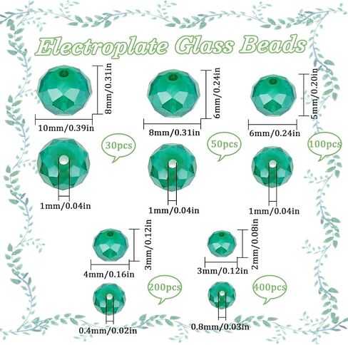 Sunnyclue 1 Box 780pcs حبات الزجاج الأخضر Crystal Classes Charms 2mm 4mm 6mm 8mm 10mm Rondelle Rondelle Faceted Beads for Jewelry Making Make Bracelets Necklace Diy Crafts Decoration Decoration in Saudi Arabia