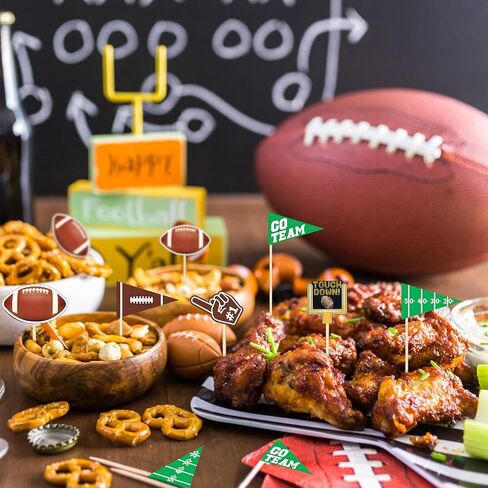 96 PCS Football Flag Bicks Wooden Food Micks ، Rucby Cupcake Topcake Bootball Backs for Food Rugby Super Ball المسارة لحفلة عيد ميلاد الطرف الرياضي للموضوع الرياضي in Saudi Arabia