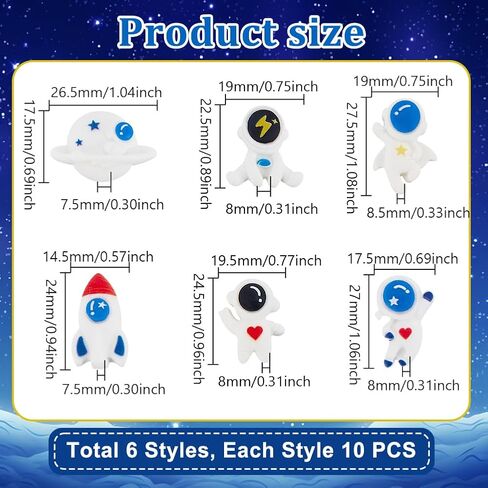 AHANDMAKER 60Pcs Space Theme Flatback Resin Charms, 6 Styles Planet Rocket Astronaut Cabochons 3D Resin Filling Charms Ornaments for Hair Clip Phone Case Scrapbooking Keychain Photo Frame Decor in Saudi Arabia