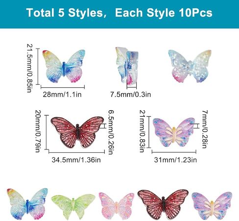 SUNNYCLUE 50Pcs 5 Styles Butterfly Flatback Resin Charms Cute Cabochons Animal Spring No Hole Opaque Colorful Sequins Flat Back Charm for DIY Crafts Hair Clip Phone Case Scrapbooking Embellishments in Saudi Arabia