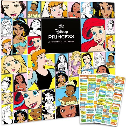 Disney Princess Calendar 2026 - Deluxe 2026 Princesses Wall Calendar Bunddle مع أكثر من 100 ملصق تذكير يضم أرييل ، بيل ، سندريلا ، المزيد (هدايا ديزني الكلاسيكية ، اللوازم المكتبية) in Kuwait