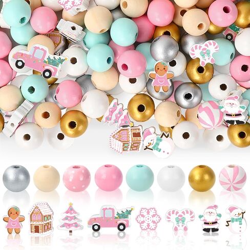 Whaline 220Pcs Christmas Wooden Beads 16 Styles Pink Xmas Pattern Decorative Wood Beads Multi-Color Round Loose Beads for Tried Tray Winter Farmhouse Decor DIY Crafts in Saudi Arabia