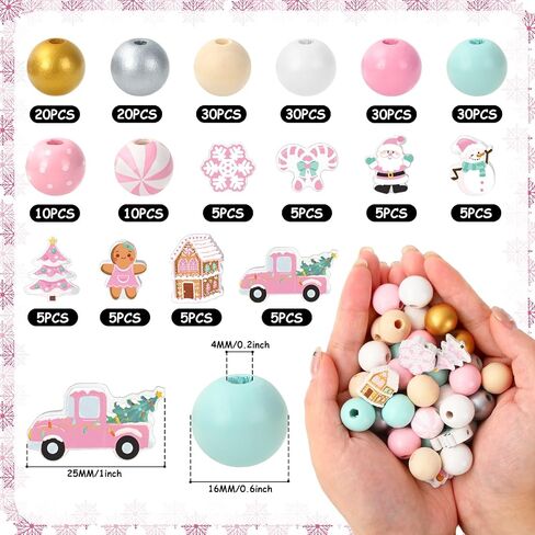Whaline 220Pcs Christmas Wooden Beads 16 Styles Pink Xmas Pattern Decorative Wood Beads Multi-Color Round Loose Beads for Tried Tray Winter Farmhouse Decor DIY Crafts in Saudi Arabia