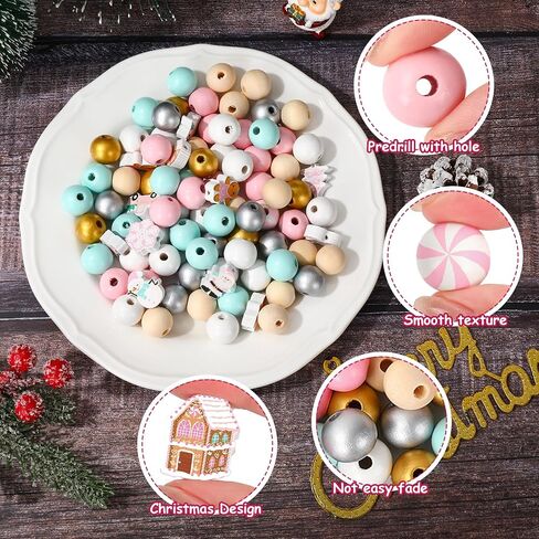 Whaline 220Pcs Christmas Wooden Beads 16 Styles Pink Xmas Pattern Decorative Wood Beads Multi-Color Round Loose Beads for Tried Tray Winter Farmhouse Decor DIY Crafts in Saudi Arabia