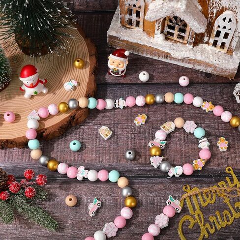 Whaline 220Pcs Christmas Wooden Beads 16 Styles Pink Xmas Pattern Decorative Wood Beads Multi-Color Round Loose Beads for Tried Tray Winter Farmhouse Decor DIY Crafts in Saudi Arabia