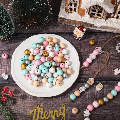 Whaline 220Pcs Christmas Wooden Beads 16 Styles Pink Xmas Pattern Decorative Wood Beads Multi-Color Round Loose Beads for Tried Tray Winter Farmhouse Decor DIY Crafts in Saudi Arabia