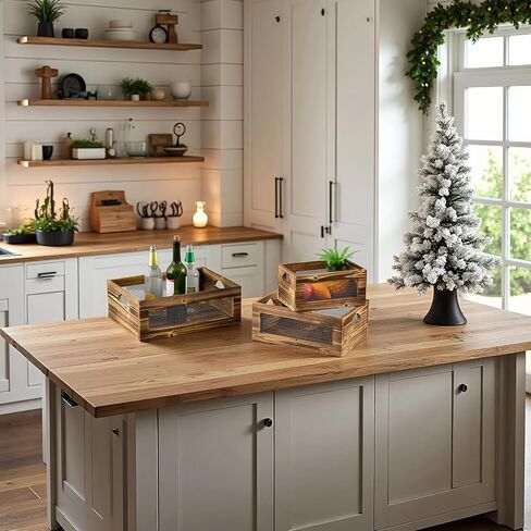 Farmhouse Wood Crate Box Set of 3, Distressed Wooden Crates for Display, Decorative Wood Storage Bins, Rustic Wooden Basket with Side Handles, Home Container Decor for Living Room Outdoor in Kuwait