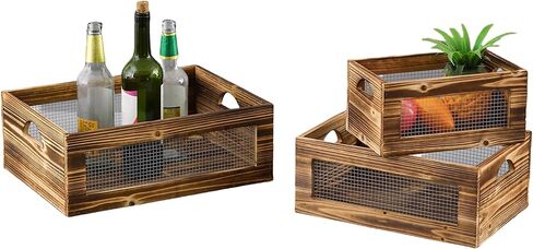 Farmhouse Wood Crate Box Set of 3, Distressed Wooden Crates for Display, Decorative Wood Storage Bins, Rustic Wooden Basket with Side Handles, Home Container Decor for Living Room Outdoor in Kuwait
