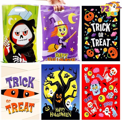JOYIN 72 Pcs Halloween Candy Bags, Trick or Treating Goodie Bags in 6 Character Themed Designs for Kids Halloween Party Favor, Plastic Snacks Stuffers Bag for Party Supplies in Saudi Arabia