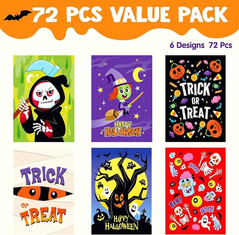 JOYIN 72 Pcs Halloween Candy Bags, Trick or Treating Goodie Bags in 6 Character Themed Designs for Kids Halloween Party Favor, Plastic Snacks Stuffers Bag for Party Supplies in Saudi Arabia