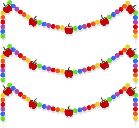 3 Pcs Back to School Felt Banner Apple Garland Classroom Return to School Pom Pom Ball Colorful Pompom Hanging Banner Hanging Garland for First Day of School Classroom Decoration in Saudi Arabia