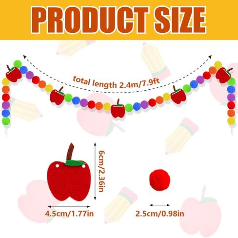 3 Pcs Back to School Felt Banner Apple Garland Classroom Return to School Pom Pom Ball Colorful Pompom Hanging Banner Hanging Garland for First Day of School Classroom Decoration in Saudi Arabia
