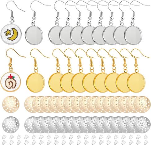 PH PandaHall 40 Sets Blanks Earring Trays Set 2 Colors Embroidery Earring Kit 14mm Earrings Pendant Base Golden Dangle Earrings Silver Pendant Trays with Hooks for Women Jewelry Making DIY Craft in Saudi Arabia