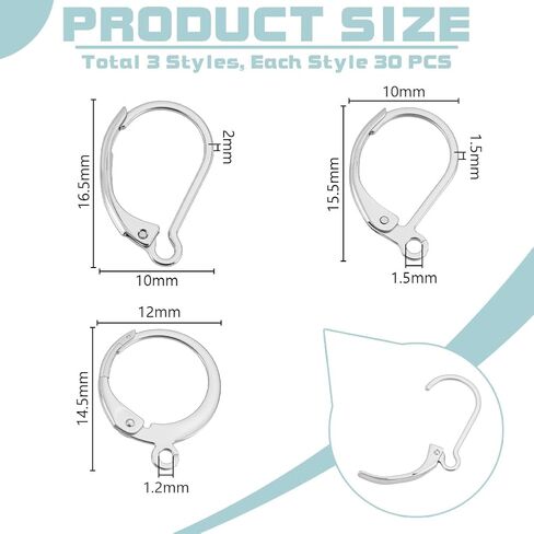 AHANDMAKER 90Pcs 3 Sizes 304 Stainless Steel Real 24K Gold Plated Leverback Earring Hooks, Lever Back Dangle Earring Clasps with Loops Ear Wire Findings for Jewelry Making DIY Earrings Crafts in Saudi Arabia