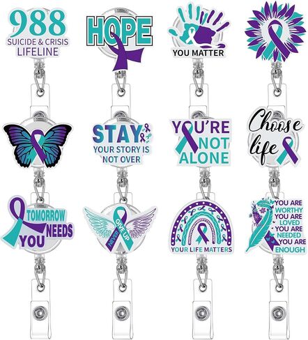12 Pcs Suicide Prevention Awareness Retractable Badges Reel Teal Purple Ribbon Acrylic ID Retractable Clip Decorative for World Suicide Prevention Day Awareness Support Squad in Saudi Arabia