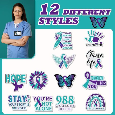 12 Pcs Suicide Prevention Awareness Retractable Badges Reel Teal Purple Ribbon Acrylic ID Retractable Clip Decorative for World Suicide Prevention Day Awareness Support Squad in Saudi Arabia