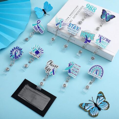12 Pcs Suicide Prevention Awareness Retractable Badges Reel Teal Purple Ribbon Acrylic ID Retractable Clip Decorative for World Suicide Prevention Day Awareness Support Squad in Saudi Arabia
