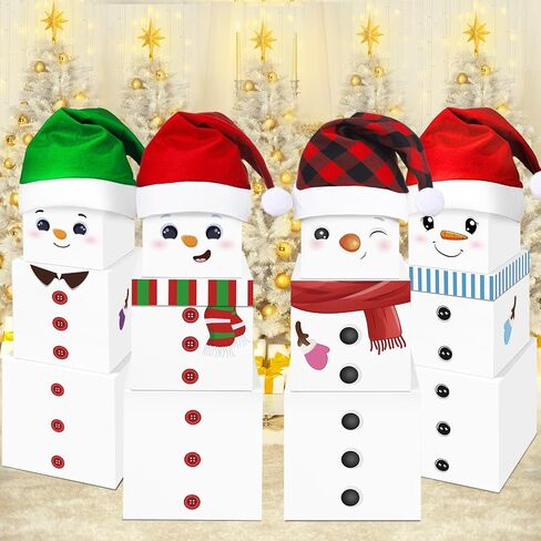 MotiMind 16 Pcs Christmas Snowman Stackable Gift Boxes with Hats in 4 Designs Stackable Snowman Gift Box Tower Xmas Nesting Box for Gift Wrapping Party Decor Christmas Stacking Gift Boxes in Saudi Arabia