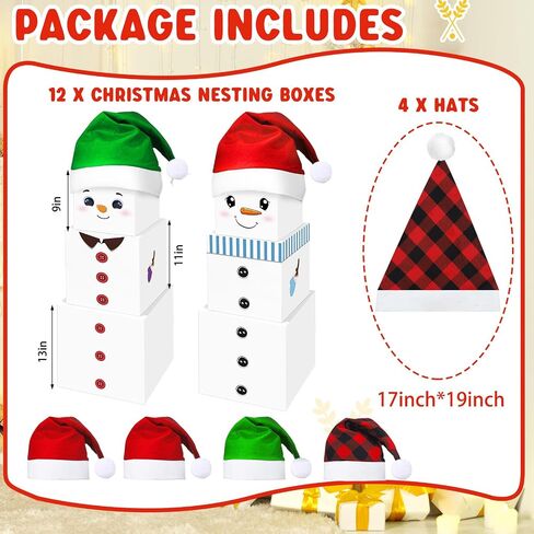 MotiMind 16 Pcs Christmas Snowman Stackable Gift Boxes with Hats in 4 Designs Stackable Snowman Gift Box Tower Xmas Nesting Box for Gift Wrapping Party Decor Christmas Stacking Gift Boxes in Saudi Arabia