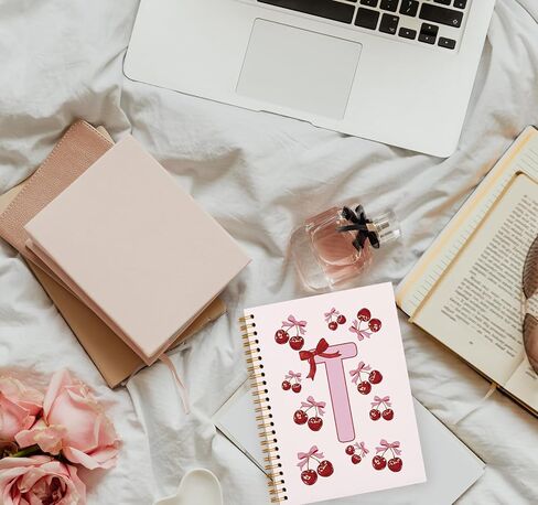 Rusenbao Cute Personalized Cherry Notebook Journal, Custom Coquette Pink Bow Initial Notebook for School Women Girls, Customized Gifts, Monogrammed Gifts for Women, Spiral Notebook 5.5 x 8.3(Letter M) in Kuwait
