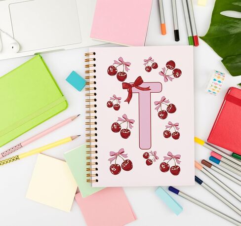 Rusenbao Cute Personalized Cherry Notebook Journal, Custom Coquette Pink Bow Initial Notebook for School Women Girls, Customized Gifts, Monogrammed Gifts for Women, Spiral Notebook 5.5 x 8.3(Letter M) in Kuwait