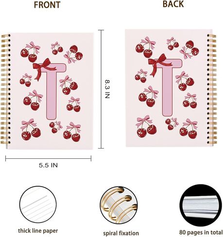 Rusenbao Cute Personalized Cherry Notebook Journal, Custom Coquette Pink Bow Initial Notebook for School Women Girls, Customized Gifts, Monogrammed Gifts for Women, Spiral Notebook 5.5 x 8.3(Letter M) in Kuwait