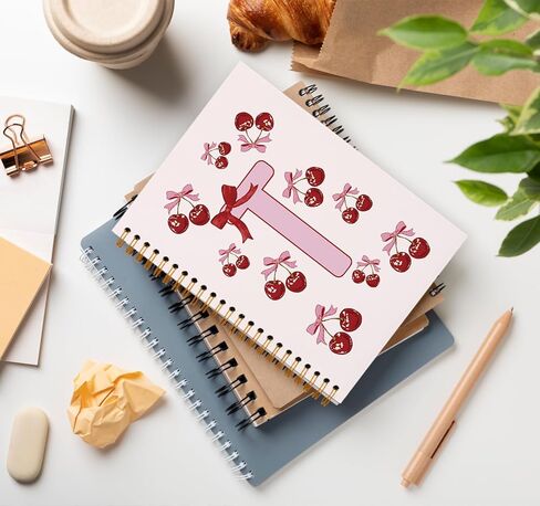 Rusenbao Cute Personalized Cherry Notebook Journal, Custom Coquette Pink Bow Initial Notebook for School Women Girls, Customized Gifts, Monogrammed Gifts for Women, Spiral Notebook 5.5 x 8.3(Letter M) in Kuwait