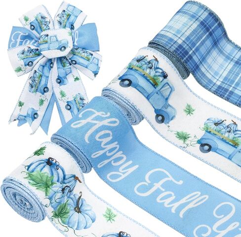 Happy Fall Wired Edge Ribbon Pumpkin Truck Plaid Craft Ribbon Blue Fabron Ribbon لخريف عيد الشكر الزهور القوس صنع ديكور حفلات التغليف DIY ، 4 لفات ، 24 ياردة in Saudi Arabia