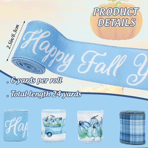 Happy Fall Wired Edge Ribbon Pumpkin Truck Plaid Craft Ribbon Blue Fabron Ribbon لخريف عيد الشكر الزهور القوس صنع ديكور حفلات التغليف DIY ، 4 لفات ، 24 ياردة in Saudi Arabia