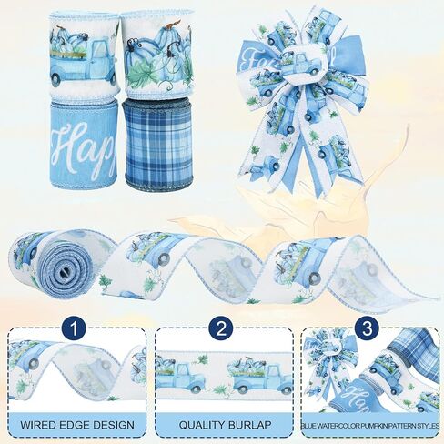 Happy Fall Wired Edge Ribbon Pumpkin Truck Plaid Craft Ribbon Blue Fabron Ribbon لخريف عيد الشكر الزهور القوس صنع ديكور حفلات التغليف DIY ، 4 لفات ، 24 ياردة in Saudi Arabia