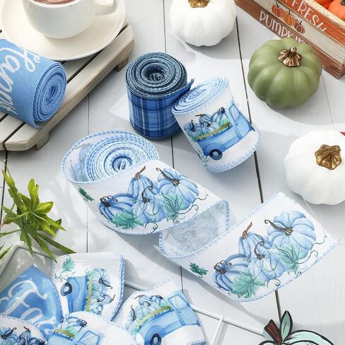 Happy Fall Wired Edge Ribbon Pumpkin Truck Plaid Craft Ribbon Blue Fabron Ribbon لخريف عيد الشكر الزهور القوس صنع ديكور حفلات التغليف DIY ، 4 لفات ، 24 ياردة in Saudi Arabia