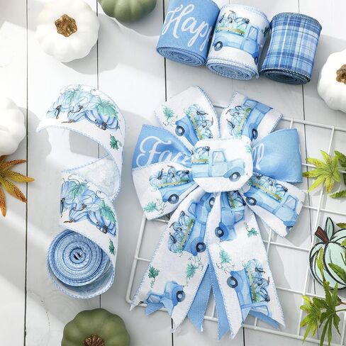 Happy Fall Wired Edge Ribbon Pumpkin Truck Plaid Craft Ribbon Blue Fabron Ribbon لخريف عيد الشكر الزهور القوس صنع ديكور حفلات التغليف DIY ، 4 لفات ، 24 ياردة in Saudi Arabia