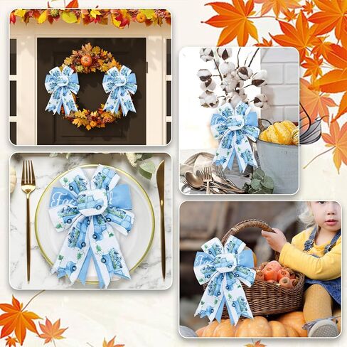 Happy Fall Wired Edge Ribbon Pumpkin Truck Plaid Craft Ribbon Blue Fabron Ribbon لخريف عيد الشكر الزهور القوس صنع ديكور حفلات التغليف DIY ، 4 لفات ، 24 ياردة in Saudi Arabia