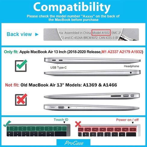 ProCase for MacBook Air 13 Inch 2020 2019 2018 A2337 M1 A2179 A1932, Hard Case Shell Cover with Keyboard Skin Cover -Black in Saudi Arabia