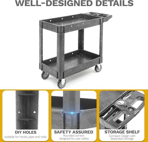 DWVO Utility Cart, 1000 lbs Capacity, 2 Shelf Heavy Duty Plastic Service Utility Cart on Wheels, Rolling Storage Work Carts Suitable for Warehouse, Garage, School & Office, Cleaning, Gray in Saudi Arabia