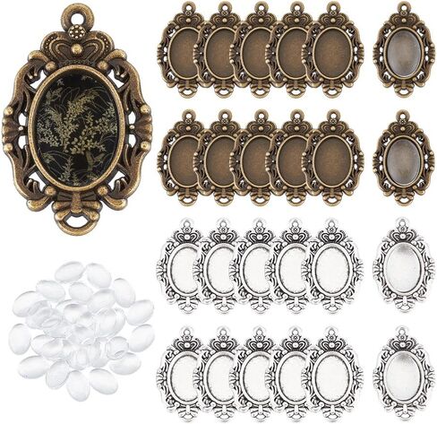 UNICRAFTALE about 60pcs 2 Colors Oval Fancy Tibetan Style Pendant Cabochon Setting Trays Pendant Blank Dome Bezel Charm with Glass Cabochons for DIY Photo Crafts Necklace Jewelry Making Tray 14x10mm in Saudi Arabia