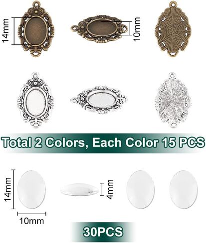 UNICRAFTALE about 60pcs 2 Colors Oval Fancy Tibetan Style Pendant Cabochon Setting Trays Pendant Blank Dome Bezel Charm with Glass Cabochons for DIY Photo Crafts Necklace Jewelry Making Tray 14x10mm in Saudi Arabia