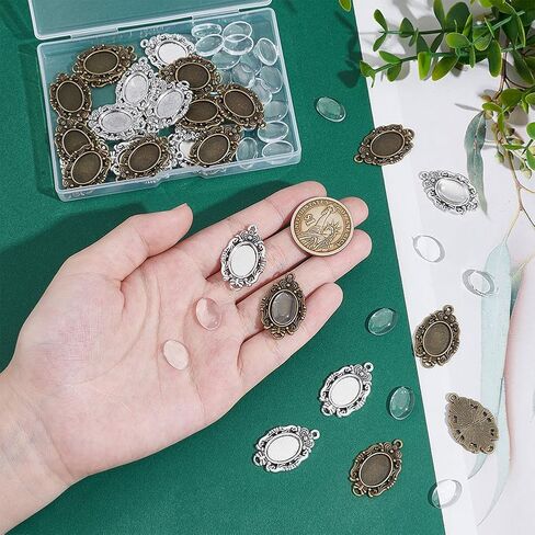 UNICRAFTALE about 60pcs 2 Colors Oval Fancy Tibetan Style Pendant Cabochon Setting Trays Pendant Blank Dome Bezel Charm with Glass Cabochons for DIY Photo Crafts Necklace Jewelry Making Tray 14x10mm in Saudi Arabia