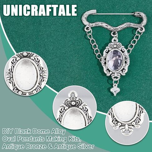 UNICRAFTALE about 60pcs 2 Colors Oval Fancy Tibetan Style Pendant Cabochon Setting Trays Pendant Blank Dome Bezel Charm with Glass Cabochons for DIY Photo Crafts Necklace Jewelry Making Tray 14x10mm in Saudi Arabia