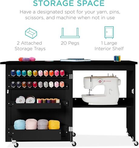 Best Choice Products Folding Sewing Table Multipurpose Craft Station & Side Desk with Compact Design, Wheels, Shelves, Storage Trays, Pegs, Magnetic Doors, Metal Doorknobs - Natural/White in Kuwait