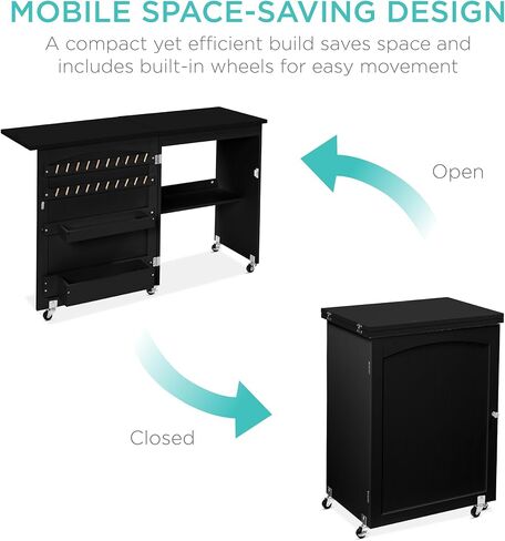Best Choice Products Folding Sewing Table Multipurpose Craft Station & Side Desk with Compact Design, Wheels, Shelves, Storage Trays, Pegs, Magnetic Doors, Metal Doorknobs - Natural/White in Kuwait