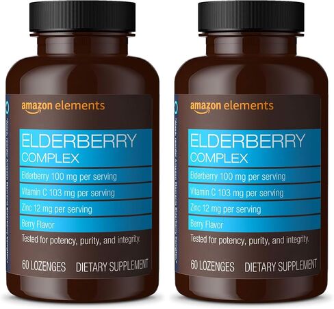 Amazon Elements مجمع Elderberry، دعم الجهاز المناعي، أقراص استحلاب بنكهة التوت، 60 قطعة، Elderberry 100 مجم، فيتامين C 103 مجم، زنك 12 مجم لكل وجبة (قد يختلف التغليف) in Kuwait