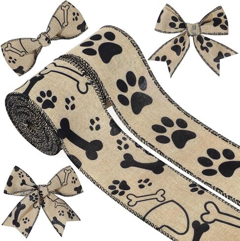 2 Rolls 10 Yards Paw Print Wired Edge Ribbon 2.5 Inch Dog Bone Pattern Fabric Ribbon Pet Dog Themed Craft Ribbon for Puppy Party Decoration Farmhouse Wreath Gift Wrapping in Saudi Arabia