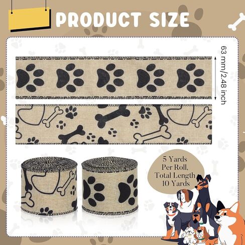 2 Rolls 10 Yards Paw Print Wired Edge Ribbon 2.5 Inch Dog Bone Pattern Fabric Ribbon Pet Dog Themed Craft Ribbon for Puppy Party Decoration Farmhouse Wreath Gift Wrapping in Saudi Arabia