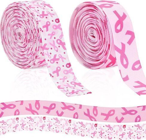2 Rolls Breast Cancer Awareness Grosgrain Ribbon 7/8 Inch 10 Yards Pink Printed Decorative Ribbons Green Leaves Printed Craft Ribbons for Wrapping Decoration Hair Bows (Pink Printed Style) in Saudi Arabia